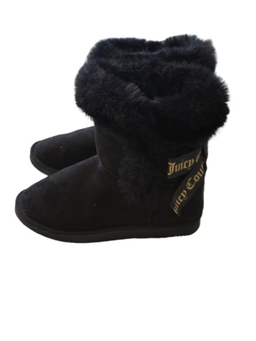 Juicy Couture Black Faux Fur Bow Winter Boots Womens Size 6 Y2K Cozy - Picture 3 of 6